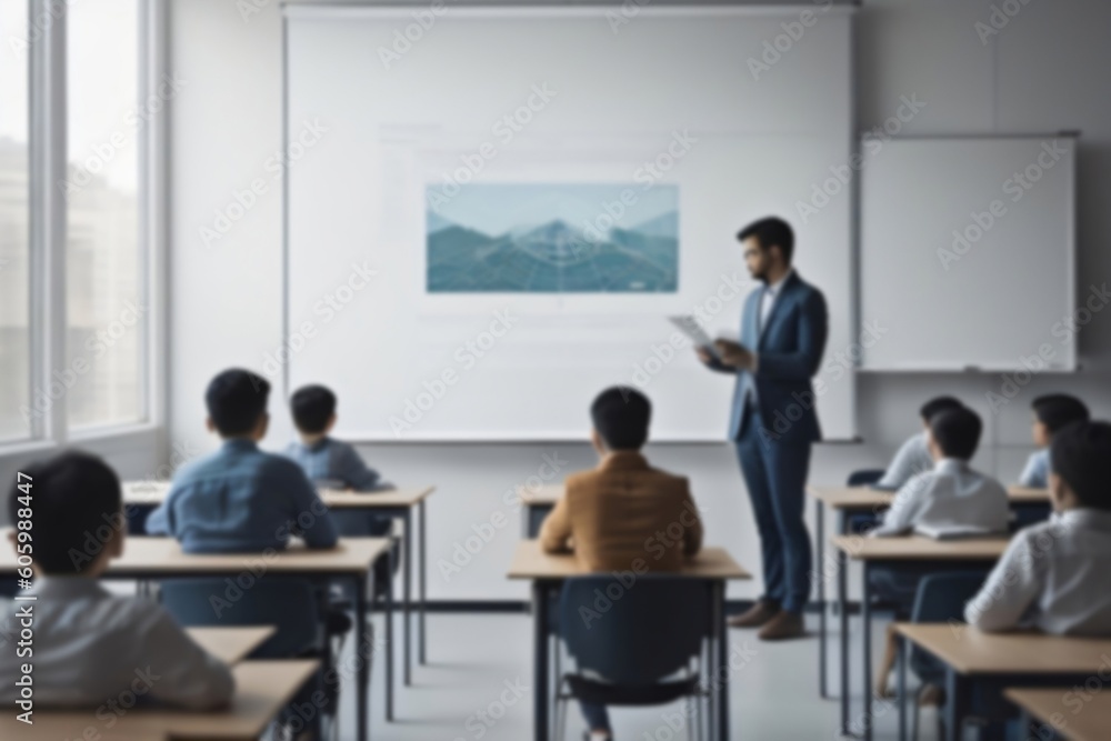 Blurred students study in a modern classroom with a teacher. Teaching room. Generative Ai. Blurred students study in a modern classroom with a teacher. Teaching room. Generative Ai.