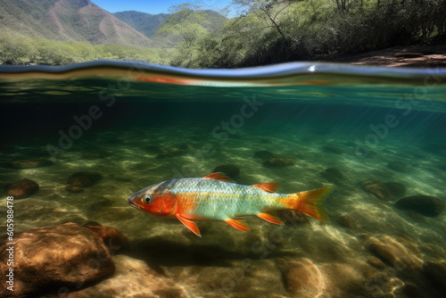 Split view of fish in clear water near the forest shore, created with Generative AI