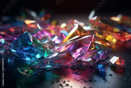 Shiny broken glass crystals and prisms with color spectrum rays abstract background. Various colorful glass crystals background. Generative AI