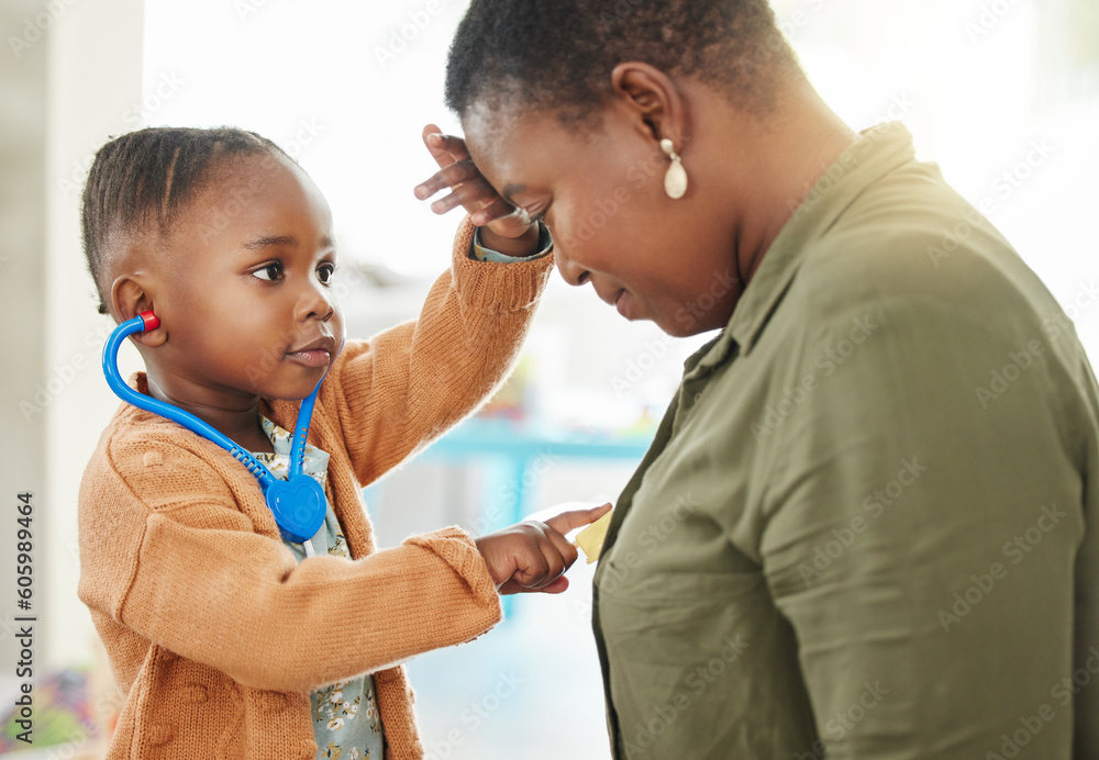 Health, black girl playing doctor and mother with wellness, home and bonding with care, future and fun. Parent, daughter and female child with a stethoscope, game and medical with help and family Health, black girl playing doctor and mother with wellness, home and bonding with care, future and fun. Parent, daughter and female child with a stethoscope, game and medical with help and family