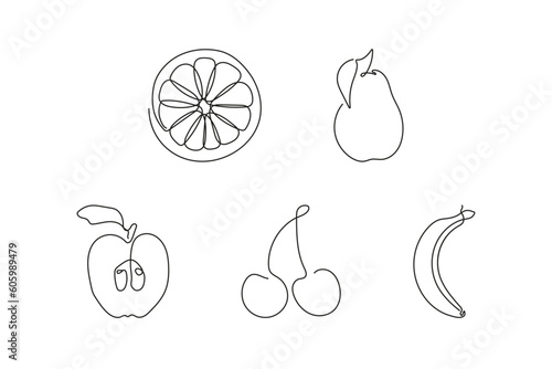 Set of one line fruit icons with apple, cherry, banana, orange, pear © Yulia Zhitkova