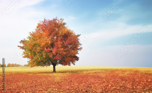 Colorful tree alone in the field in autumn, Generative AI