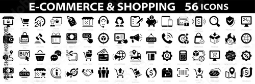 E-commerce & Shopping icon set. Online shopping, delivery elements and payment. Flat style. Vector illustration