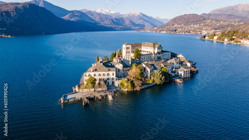 Aerial view of San Giulio island, Orta Lake, Italy