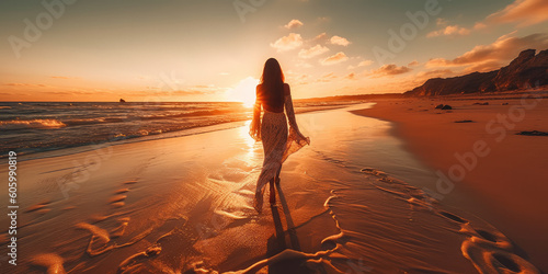 Sunset at the beach. Back view of woman in dress walking by sea. Generative AI.