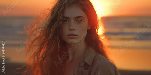 Young woman on the beach at sunset looking at camera. Generative AI.