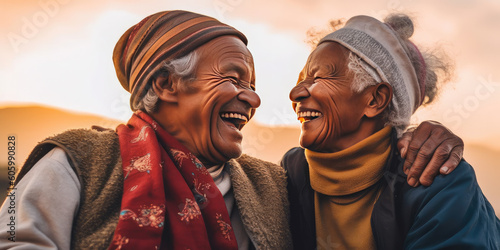 Laughing elderly diverse couple hugging and looking at camera. Generative AI. © Maria