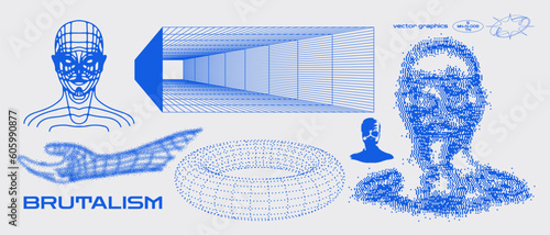 Geometry wireframe shapes and grids. Abstract, cyberpunk, 3D elements, backgrounds, patterns in trendy Brutalism style, neon color, 00s Y2k retro futuristic aesthetic