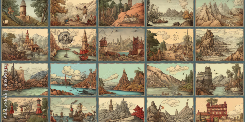 Collection of postcards with mountains and rivers. Traveling memories. Generative AI. Collection of postcards with mountains and rivers. Traveling memories. Generative AI.