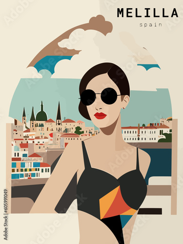 Melilla: Beautiful vintage-styled poster of with a woman and the name Melilla in Spain