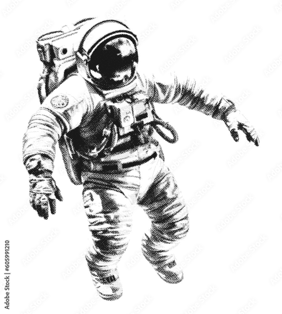 Fototapeta premium Hand drawn halftone astronaut. Space vector design element.