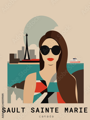 Sault Sainte Marie: Beautiful vintage-styled poster of with a woman and the name Sault Sainte Marie in Canada