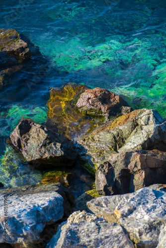 Vertical shot of rocks at the greek sea with vivid colors in Chalkidiki, Greece
