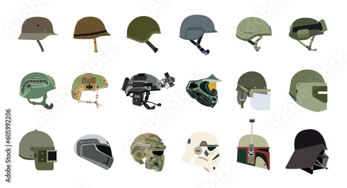 Vector illustration of old and modern Military helmets. Helmets of various armies throughout history.