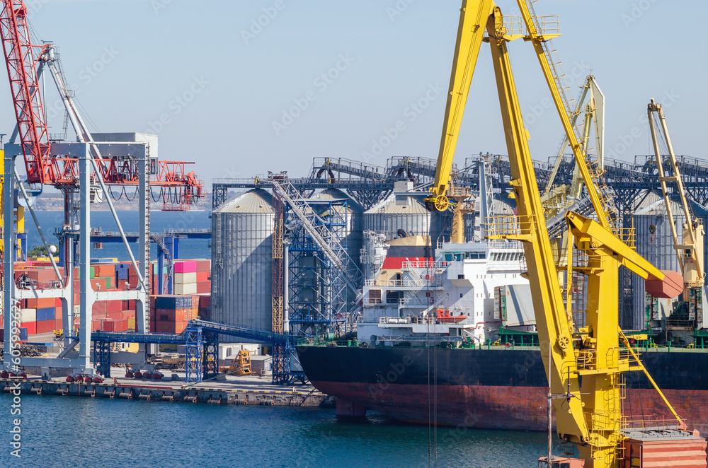 Granary with containers for storage and loading of grain in the seaport. Grain transportation, agribusiness