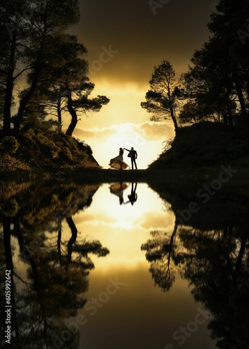 Vertical shot of the silhouette of a dancing couple on the shore of Lake Mpeletsi at sunset