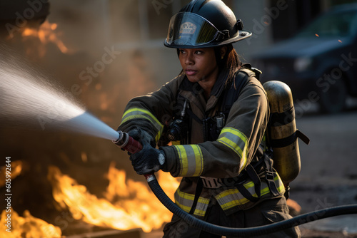 Female african firefighter extinguishing a fire. Generative AI.