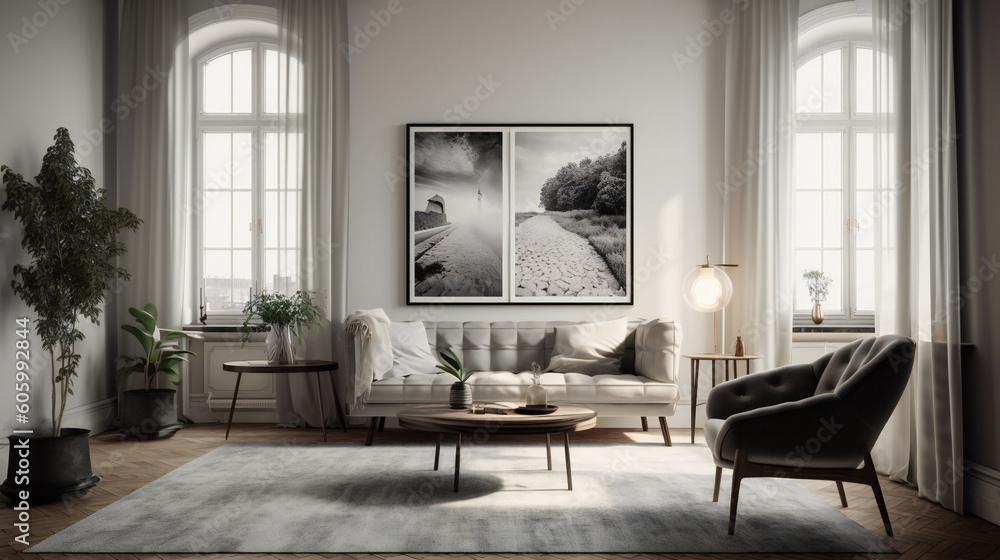 Fototapeta premium Modern Interior Design with Mockup Frame Poster, 3D Render, 3D Illustration