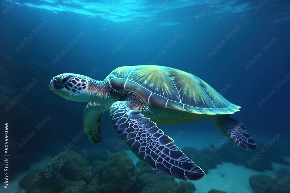 Sea turtles swimming underwater, deep blue sea