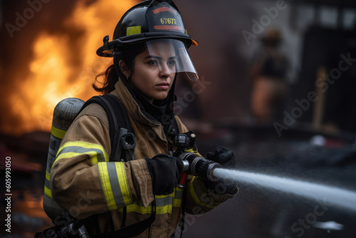 Female latin firefighter extinguishing a fire. Generative AI.