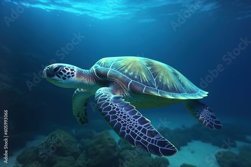 Sea turtles swimming underwater, deep blue sea