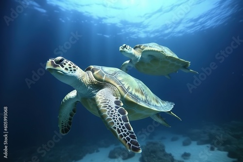 Sea turtles swimming underwater, deep blue sea