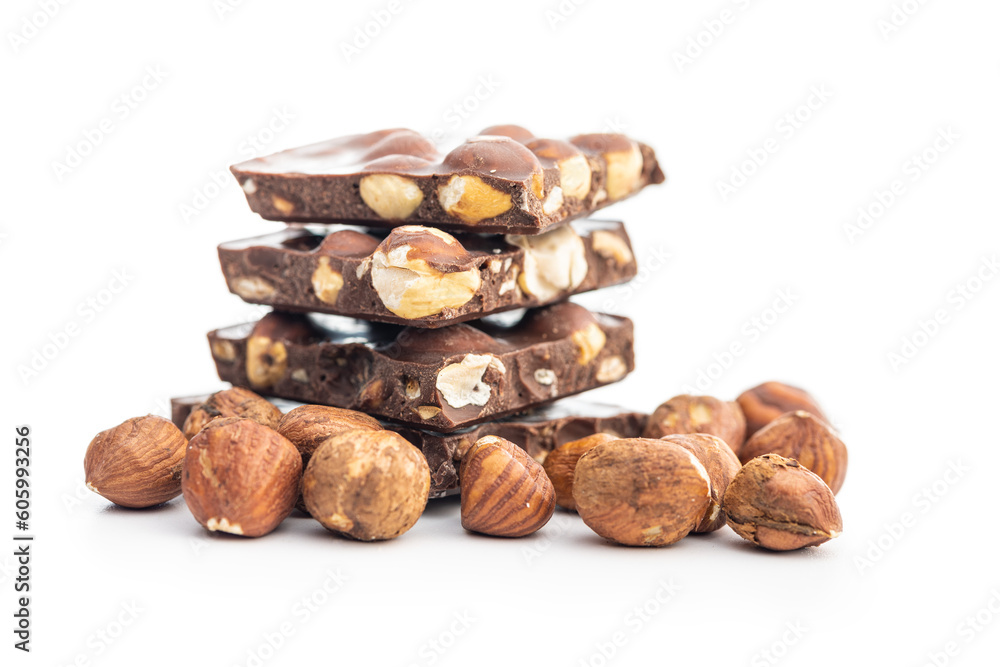 Broken chocolate bars with nuts isolated on white background. Broken chocolate bars with nuts isolated on white background.