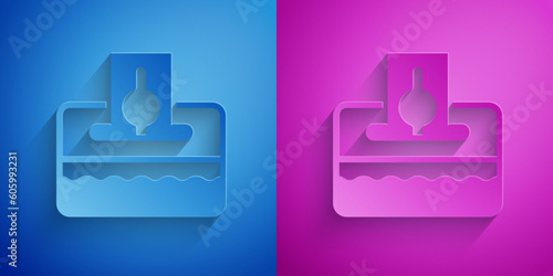 Paper cut Donate or pay your zakat as muslim obligatory icon isolated on blue and purple background. Muslim charity or alms in ramadan kareem before eid al-fir. Paper art style. Vector