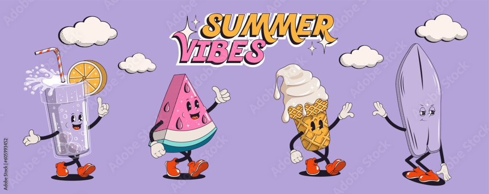 Set of summer retro stickers or patches with walking funny cute comic characters. Lettering illustration for t-shirt print. Suitcase, ice cream, cocktail, spf cream, watermelon, pool float, surf