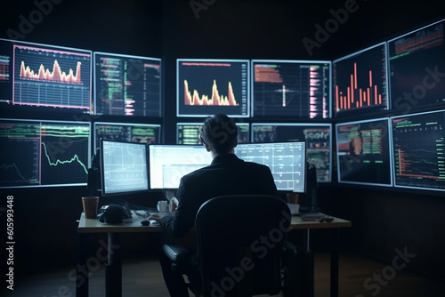 Business, finance and occupation concept. Man doing analysis behind multiple screens showing charts and statistics. Stock, crypto, forex, financial market research. Generative AI