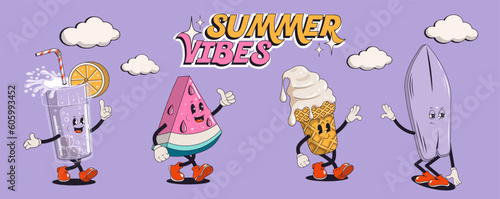 Set of summer retro stickers or patches with walking funny cute comic characters. Lettering illustration for t-shirt print. Suitcase, ice cream, cocktail, spf cream, watermelon, pool float, surf © Tasha