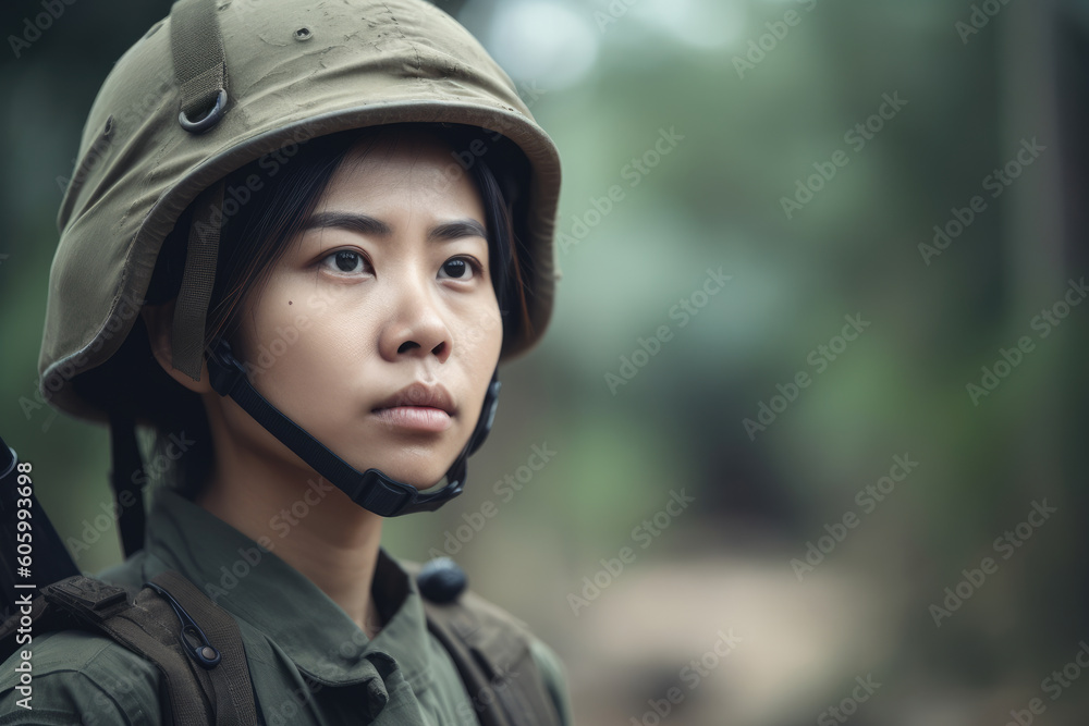 Asian female soldier at the battlefield. Generative AI. Asian female soldier at the battlefield. Generative AI.