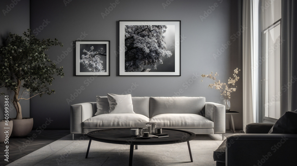 Modern Interior Design with Mockup Frame Poster, 3D Render, 3D Illustration Modern Interior Design with Mockup Frame Poster, 3D Render, 3D Illustration