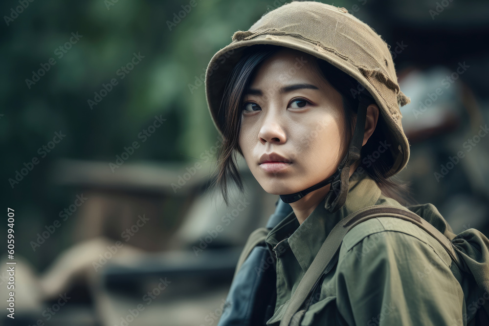 Asian female soldier at the battlefield. Generative AI. Asian female soldier at the battlefield. Generative AI.