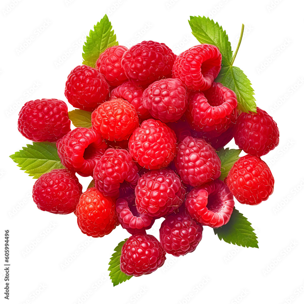 Ripe red raspberry with leaf isolated PNG Transparent background created with Generative AI, Clipping Path Ripe red raspberry with leaf isolated PNG Transparent background created with Generative AI, Clipping Path