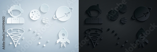 Set Great Bear constellation, Planet, Black hole, Rocket ship with fire, and Astronaut icon. Vector