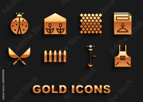 Set Garden fence wooden, A pack full of seeds of specific plant, Kitchen apron, Grass and weed electric string trimmer, Gardening handmade scissors, Ladybug and Home greenhouse plants icon. Vector