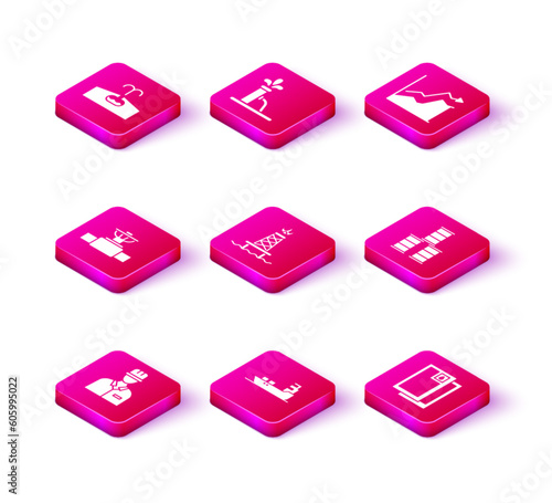 Set Oilman, tanker ship, Industry pipe and valve, rig with fire, Barrel oil, price increase and pump or pump jack icon. Vector