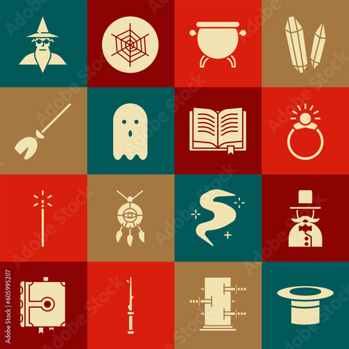 Set Magician hat, stone ring with gem, Witch cauldron, Ghost, Witches broom, Wizard warlock and Ancient magic book icon. Vector