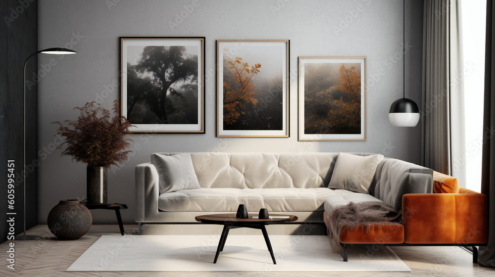 Fototapeta premium Modern Interior Design with Mockup Frame Poster, 3D Render, 3D Illustration