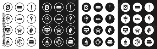 Set Baseball bat, Taxi car roof, Tourist binoculars, Calendar with date July 4, Balloons, Sandwich, Native American Indian and USA Independence day icon. Vector