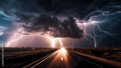 A powerful thunderstorm with lightning and bright flashes. Thick clouds. Wet road with reflection. Generative Ai