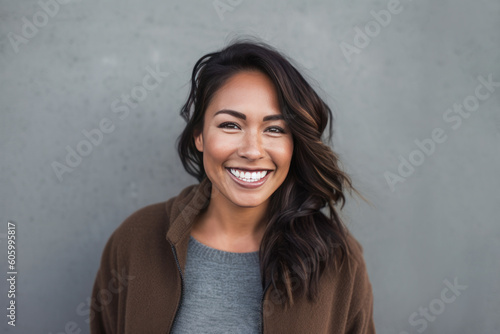 Smiling young woman standing in front of a grey wall. Generative AI.