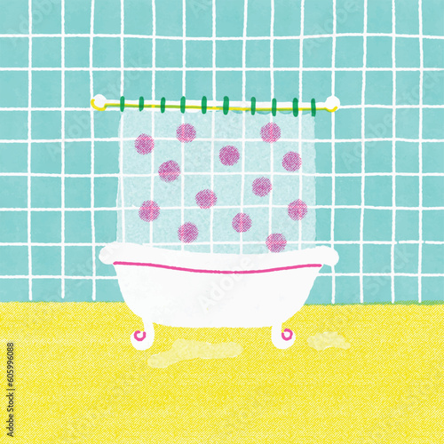 Hand drawn vector illustration of bathtub and shower in bathroom. Cartoon drawings of shower tub with polkadots shower curtain on blue background.