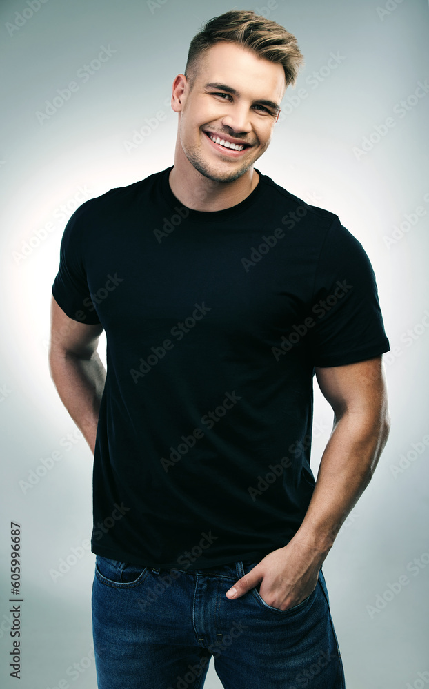 Portrait, smile and casual man in studio for fashion, style and cool guy with confidence. Person, face and smiling or laughing with happiness or hands in denim jeans pocket on white background Portrait, smile and casual man in studio for fashion, style and cool guy with confidence. Person, face and smiling or laughing with happiness or hands in denim jeans pocket on white background