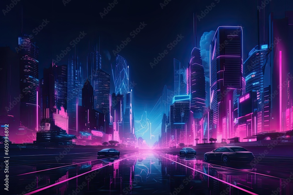 Neon futuristic city skyline at night