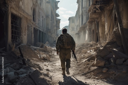 Soldier walking in destroyed city