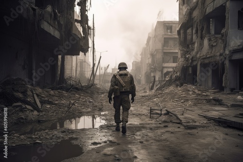 Fototapeta Soldier walking in destroyed city