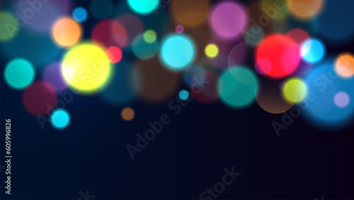 Colorful glowing neon bokeh and sparkles on black background. Blurry bokeh light in rainbow colors. Abstract vector festive backdrop. Defocused blinking circles in night