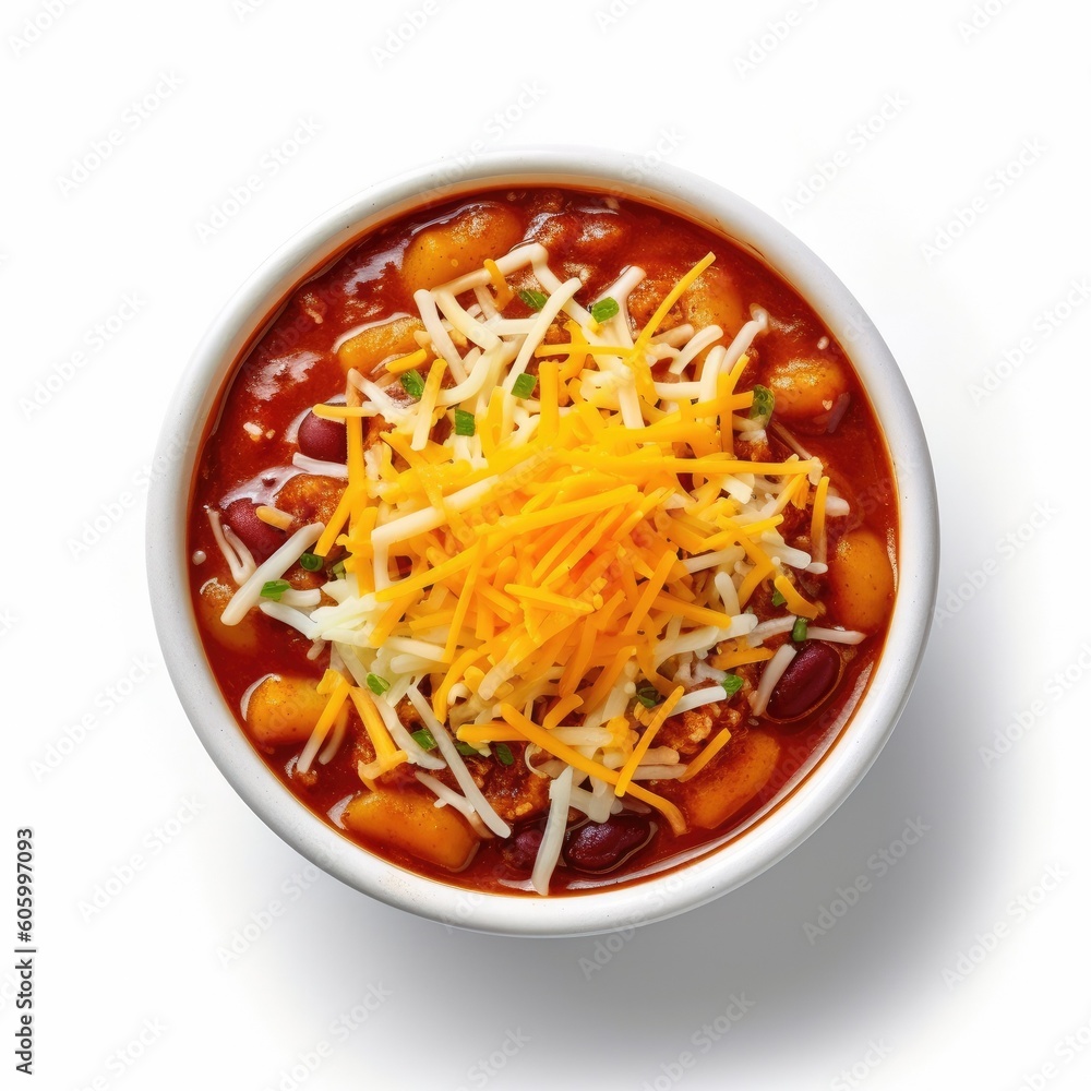 Delicious Bowl of Chili with Beans and Cheese on a White Background. Generative AI Delicious Bowl of Chili with Beans and Cheese on a White Background. Generative AI